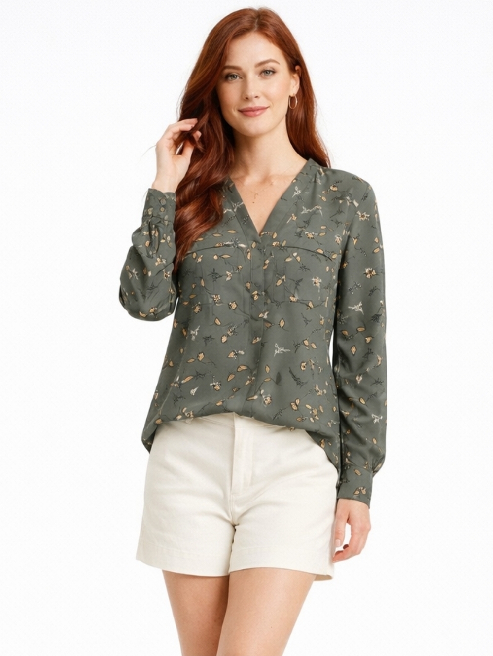 41 Hawthorn Olive Green Floral V-Neck Blouse Oversized XS